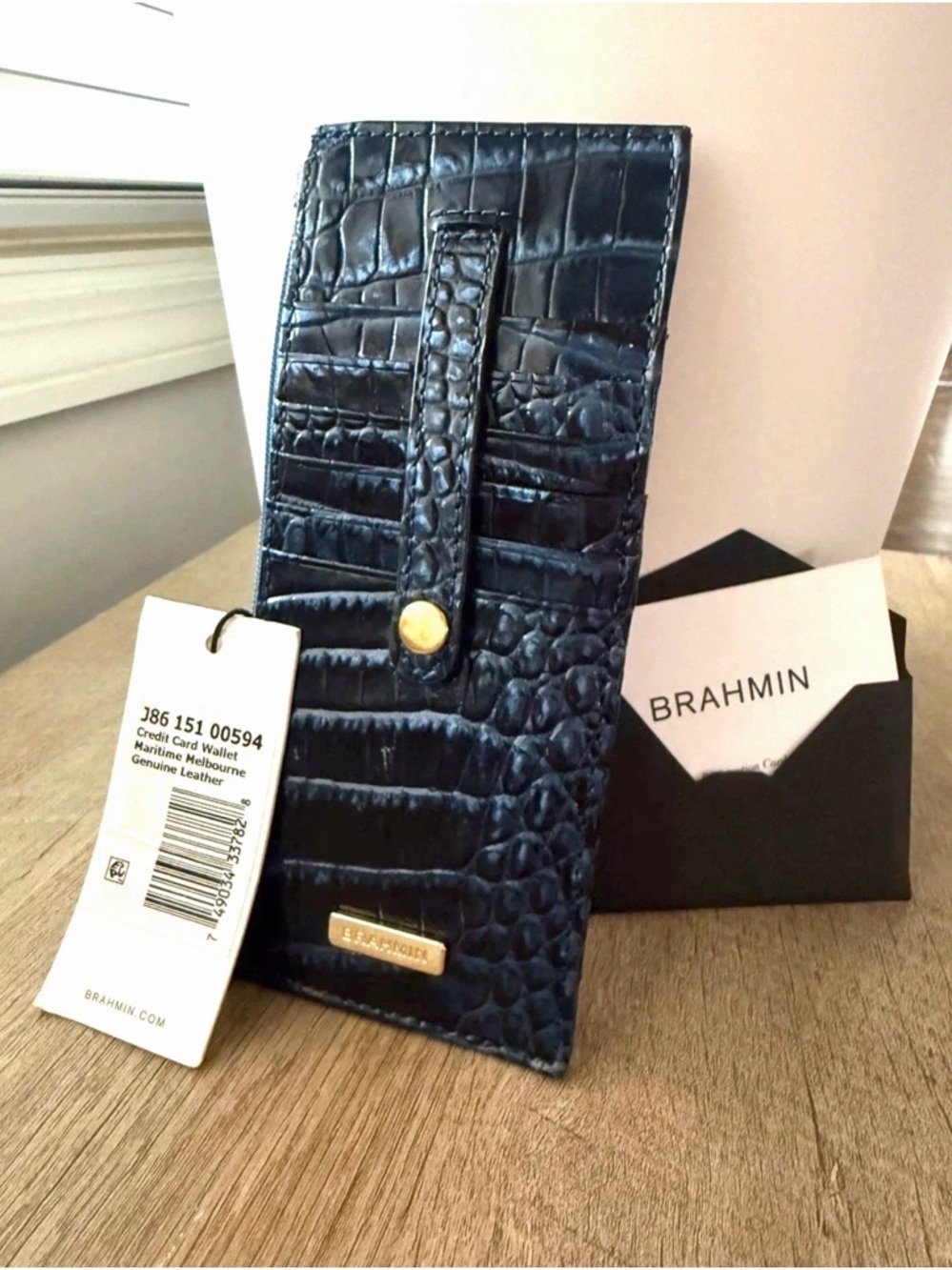 Brahmin Navy Croc-Embossed Leather Credit Card Wallet with ID Window